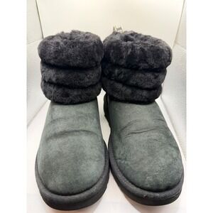 UGG Fluff Mini Quilted Black Suede Sheepskin Fur Ankle Boots 1098533 Womens 8‎
